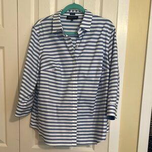 Jones New York Women's Blue and White Striped Button Down Shirt